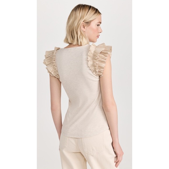 Ulla Johnson Lilo Top in Cobblestone tan with ruffle shoulders Medium - Picture 3 of 11